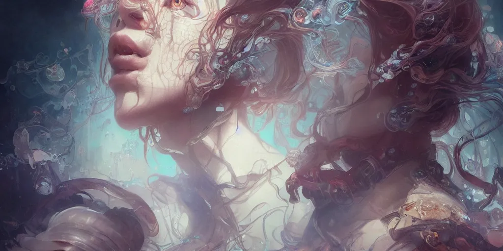 Prompt: face closeup of beautiful girl in intricate hyper detailed inkdrop in water, 3 d render, hyper realistic detailed portrait, scifi, fantasy, hyper detailed, octane render, concept art, by peter mohrbacher, by wlop, by ruan jia, by alphonse mucha