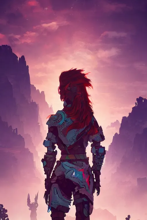 Image similar to combination suit armor aloy horizon forbidden west horizon zero dawn radiating a glowing aura global illumination ray tracing hdr fanart arstation by ian pesty and alena aenami artworks in 4 k tribal robot ninja mask helmet backpack