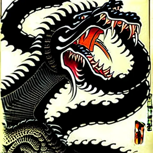 Image similar to biomechanical ukiyo - e lithograph of black dragon by utagawa kuniyoshi, very detailed, hyperrealistic