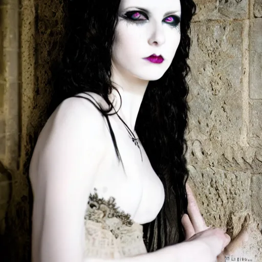 Image similar to a photoshoot portrait of pale goth beauty, inside gothic castle!