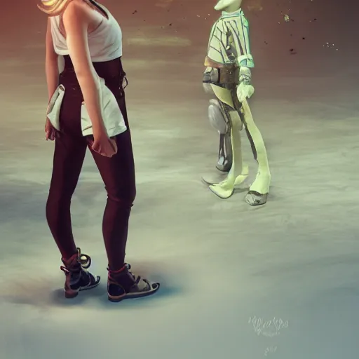 Image similar to A young beautiful giantess standing next to a small man who is only as tall as her ankle, beautiful lighting,digital art , highly detailed , high contrast, beautiful lighting, award winning , trending on art station, 8k, photorealistic,unreal engine 5