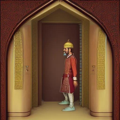 Image similar to sideview of a mughal emperor walking through a mystical door leading to another dimension, fantasy, artstation detailed digital art