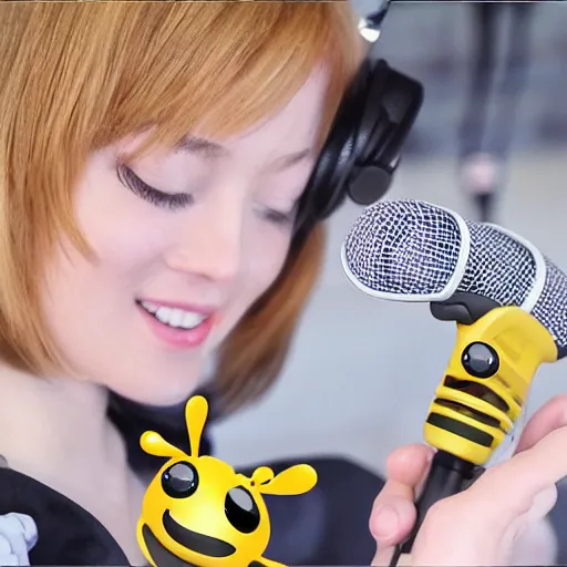 Image similar to a cute bee streaming on twitch with microphone