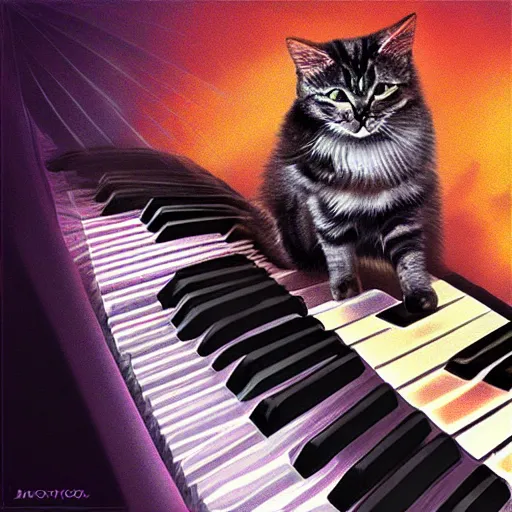 Prompt: cat playing piano synthwave digital art