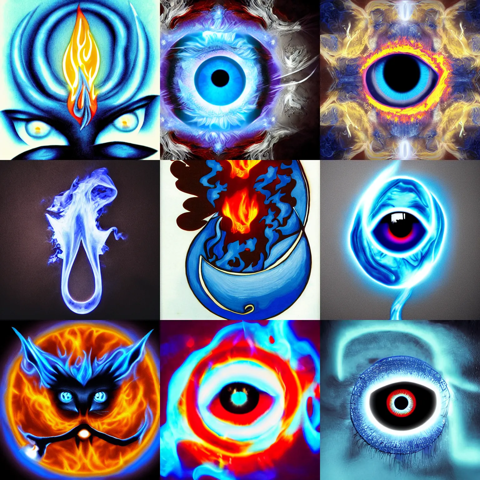 Prompt: blue floating flame with eyes