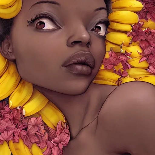 Image similar to the portrait of an absurdly beautiful, graceful, elegant young black woman made of bananas and petals looking up, an ultrafine detailed illustration by kim jung gi, irakli nadar, intricate linework, bright colors, octopath traveler, final fantasy, angular, unreal engine 5 highly rendered, global illumination, radiant light, detailed and intricate environment