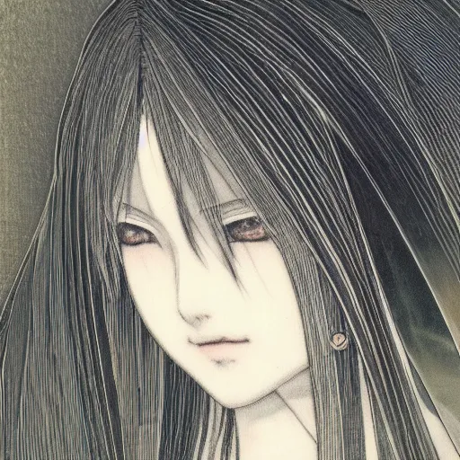 Image similar to yoshitaka amano blurred and dreamy illustration of an anime girl with black eyes, wavy white hair fluttering in the wind wearing elden ring armor and engraving, abstract black and white patterns on the background, noisy film grain effect, highly detailed, renaissance oil painting, weird portrait angle, blurred lost edges, three quarter view