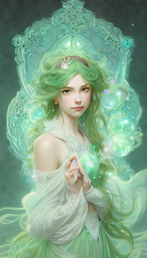 Prompt: portrait of magical girl, dreamy and ethereal, mint green eyes, peaceful expression, ornate frilly dress, fantasy, intricate, elegant, rainbow bubbles, highly detailed, digital painting, artstation, concept art, smooth, sharp focus, illustration, art by artgerm and greg rutkowski and alphonse mucha