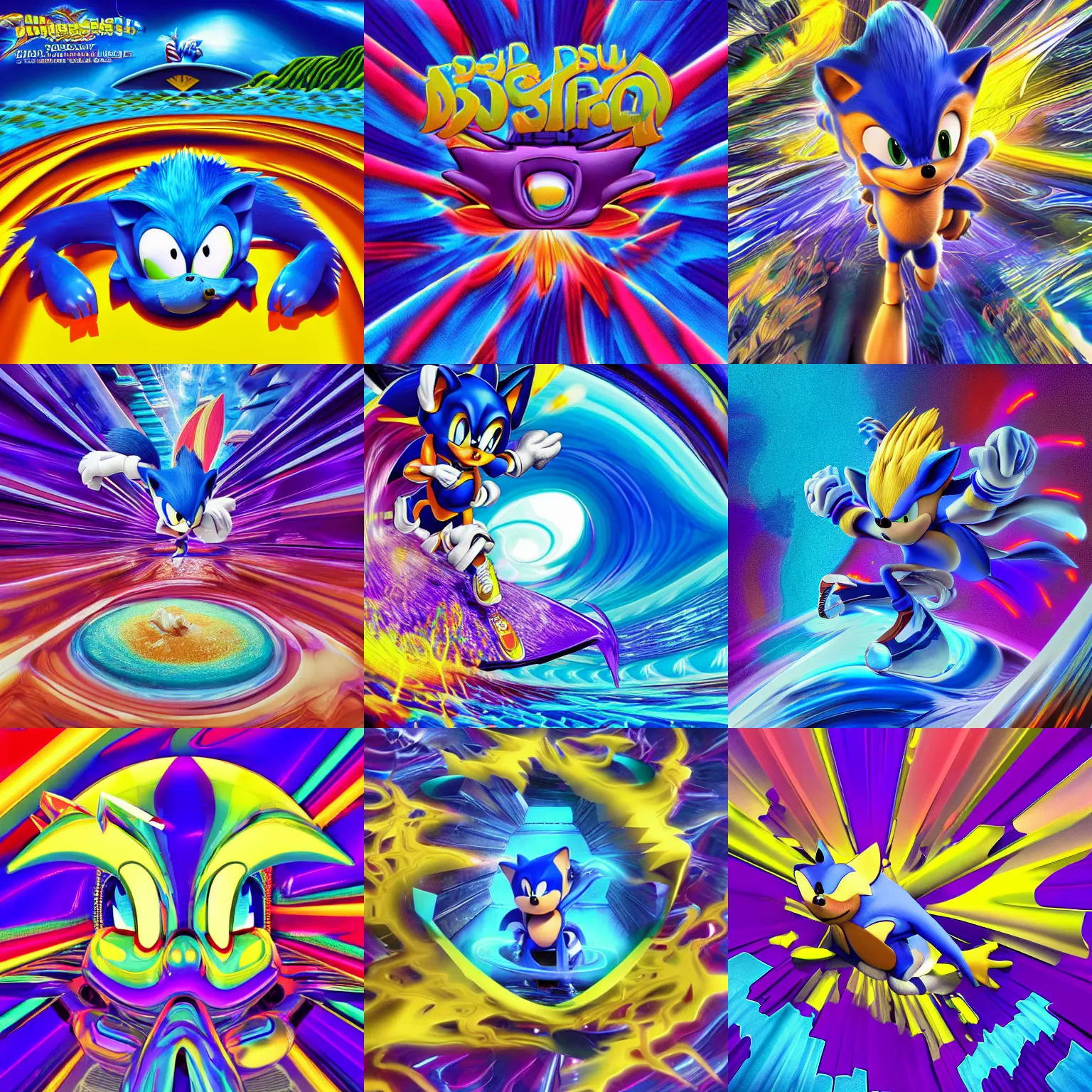 Prompt: surreal, recursive, sharp, detailed professional, high quality hard surface render MGMT album cover of a liquid dissolving LSD DMT blue sonic the hedgehog surfing through cyberspace, purple checkerboard background, 1990s 1992 Sega Genesis video game album cover