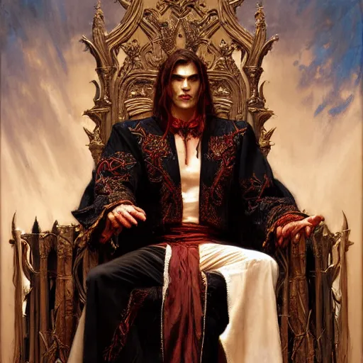 Image similar to perfectly centered portrait of attractive vampire king in a robe sitting on a throne of bones, highly detailed painting by gaston bussiere, craig mullins, j. c. leyendecker, 8 k