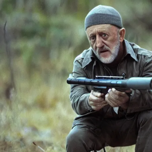 Image similar to A film still of Mike Ehrmantraut aiming a !!!sniper rifle!!!, 4k, !!highly detailed!!