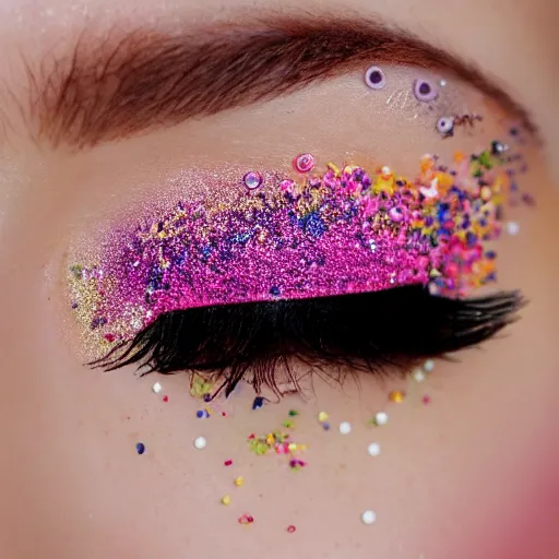 Prompt: close up of eyelids with ice - cream - sprinkles mascara