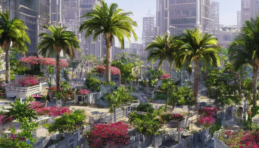 Prompt: arabic city with rooftop gardens, flowers, palms, artstation