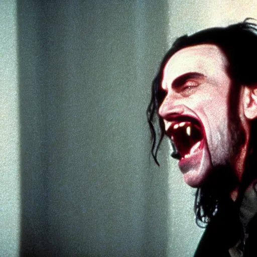 Prompt: frightening, creepy, scary, horrifying daniel day lewis as killer bob in twin peaks, evil laughter, scene from final episode directed by david lynch and mark frost, 8 k, 1 9 9 0