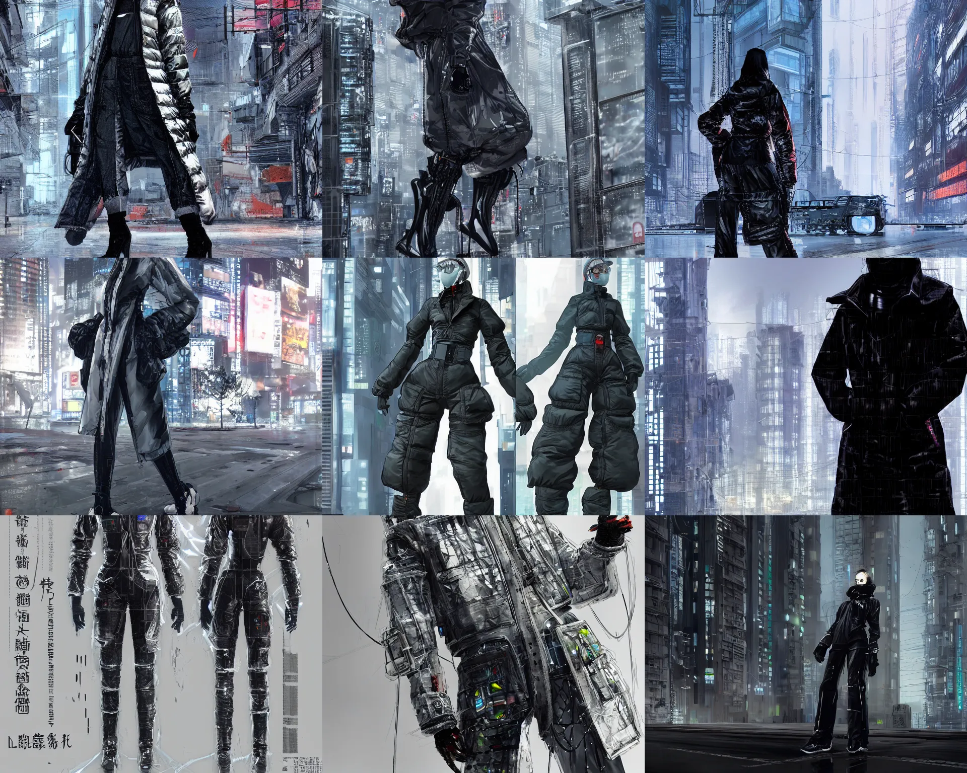 Prompt: Ding Yun Zhang transparent oversized down jacket collab with FIGI Studios on robotic-cyber-girl, techwear soviet style cyberpunk, in city build by architect Lebbeus Woods ultra realistic. 4K, trending artstation, by Yoji Shinkawa and Syd Mead