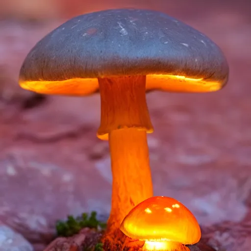 Image similar to glowing mushroom on an alter in canyon, red cliffs, at night