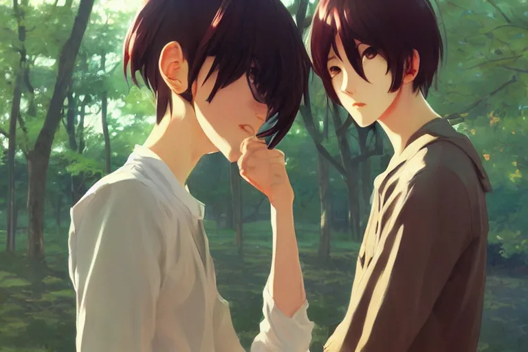 Image similar to boy's love anime high school scene spring noon setting, high detail concept art, perfect proportions good looking face, realistic shaded lighting poster ilya kuvshinov, katsuhiro, jeremy lipkin and michael germash, makoto shinkai, loish and clamp style, trending on art station, best selling artist