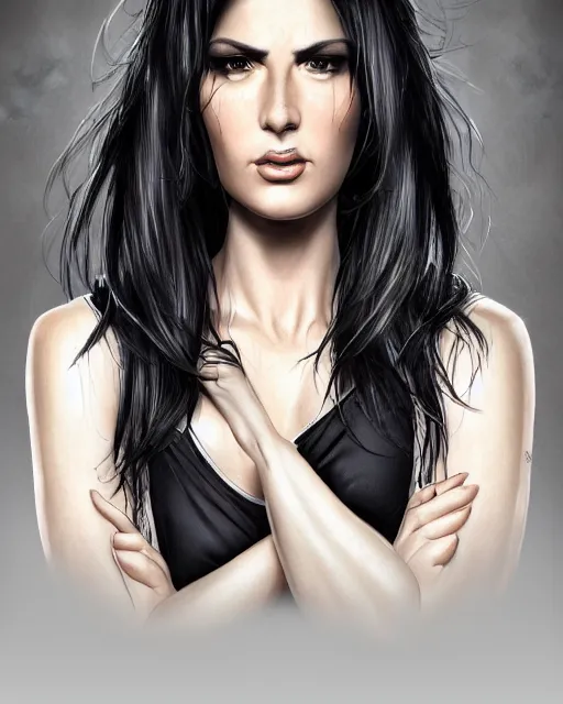 Prompt: portrait of a tall 4 0 - year - old woman with thin lips, long, voluminous black hair, and thick eyebrows, wearing in black clothes, hyper realistic face, beautiful eyes, character art, art by mark brooks, hyperdetailed, cryengine, trending on artstation, digital art