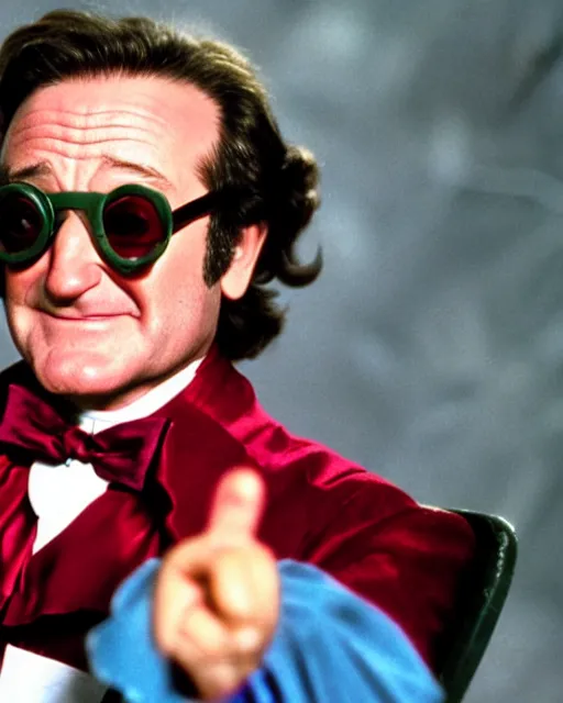 Image similar to Film still close-up shot of Robin Williams as Willy Wonka from the movie Willy Wonka & The Chocolate Factory. Photographic, photography