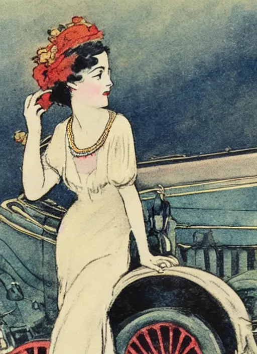 Image similar to Louis Icart, an old elaborate colored drawing of a woman posing eloquently in front of a 1920's car, wearing flowing dress, by Louis Icart, highly detailed, masterpiece