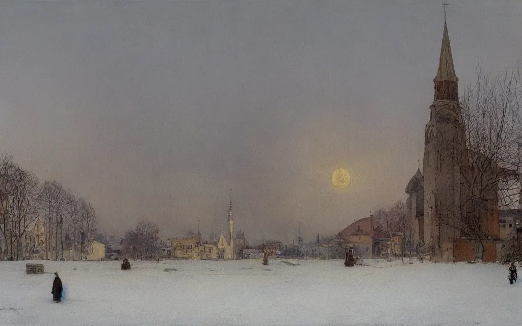 Image similar to a painting of large airship over a city church in winter, pale sun, mist, oil on canvas, by carl larsson