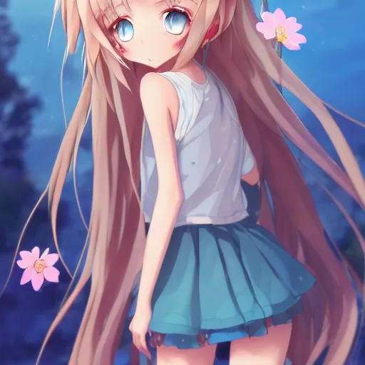 Image similar to a very beautiful anime girl, full body, long wavy blond hair, sky blue eyes, full round face, short smile, cute top, miniskirt, flower in hair, summer lake setting, cinematic lightning, medium shot, mid-shot, highly detailed, trending on Artstation, Unreal Engine 4k, cinematic wallpaper by Stanley Artgerm Lau, WLOP, Rossdraws, James Jean, Andrei Riabovitchev, Marc Simonetti, and Sakimichan