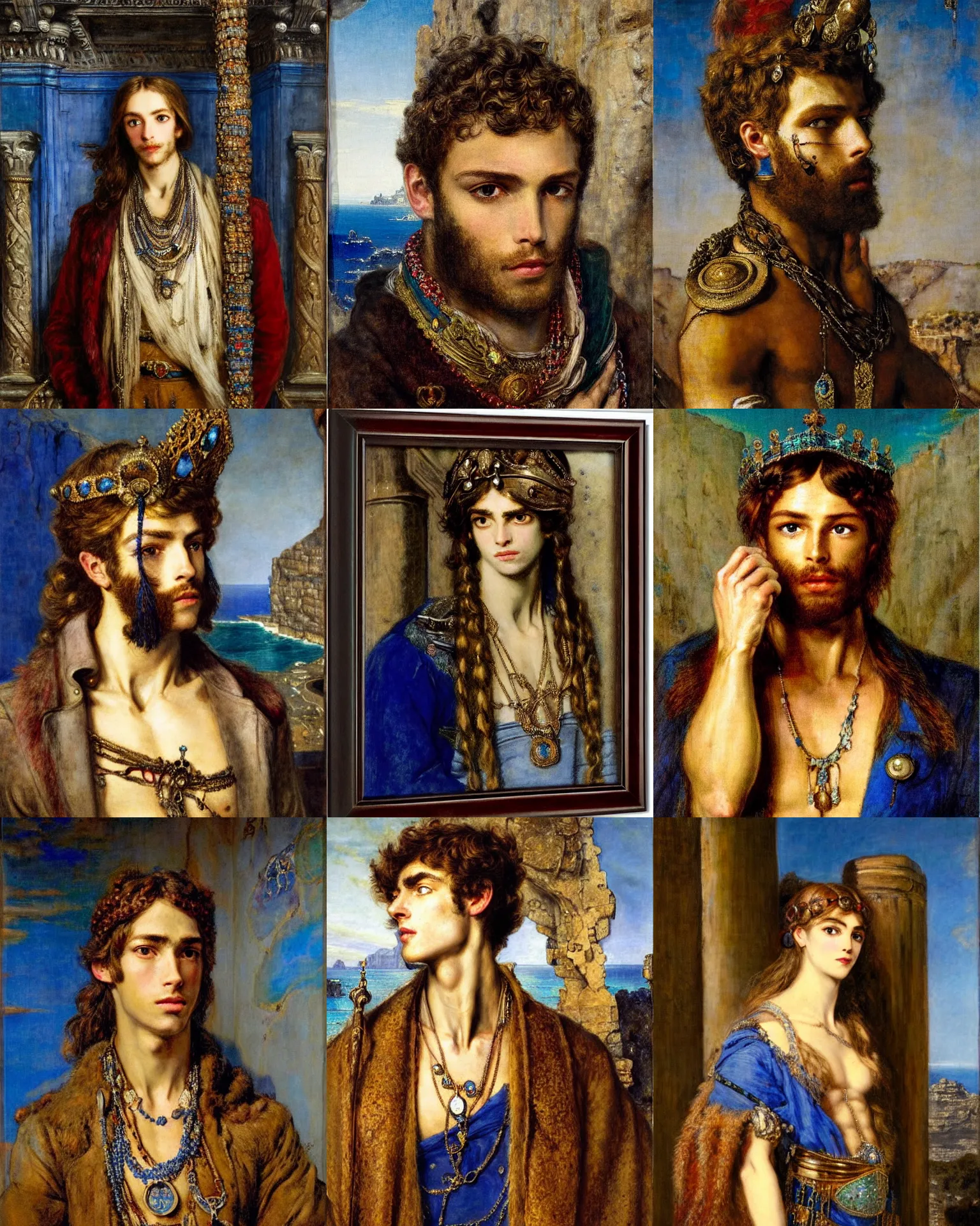 Prompt: a realistic portrait of the brave thief of ancient jewels in cape by Reynold Brown and Asher and Gustave Moreau, cadet and cambridge-blue colour scheme, perfect faces, dark