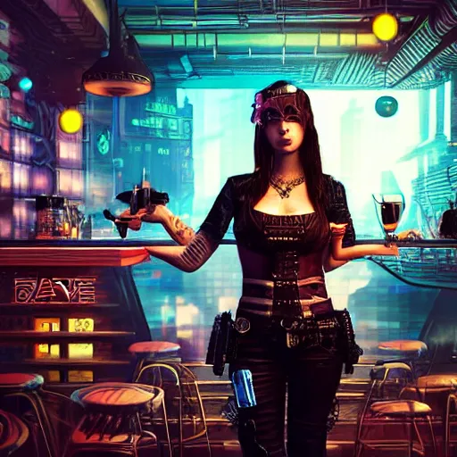 Image similar to a high quality portrait of a beautiful stunning pirate in a cyberpunk cyberpunk cyberpunk cafe, realism, 8k, award winning photo