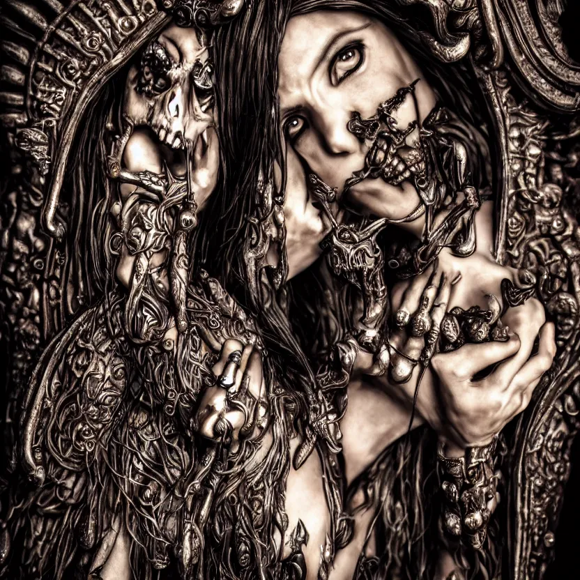 Image similar to candid photography, close up portrait, goddess of death, by anne stokes, photorealism, highly detailed, uhd