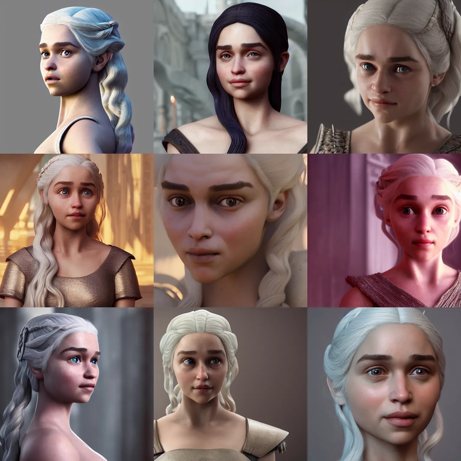 Prompt: daenerys, raytracing, cute face, 4 k, very high details, disney style, 3 d, cycles render, octane render, arnold render