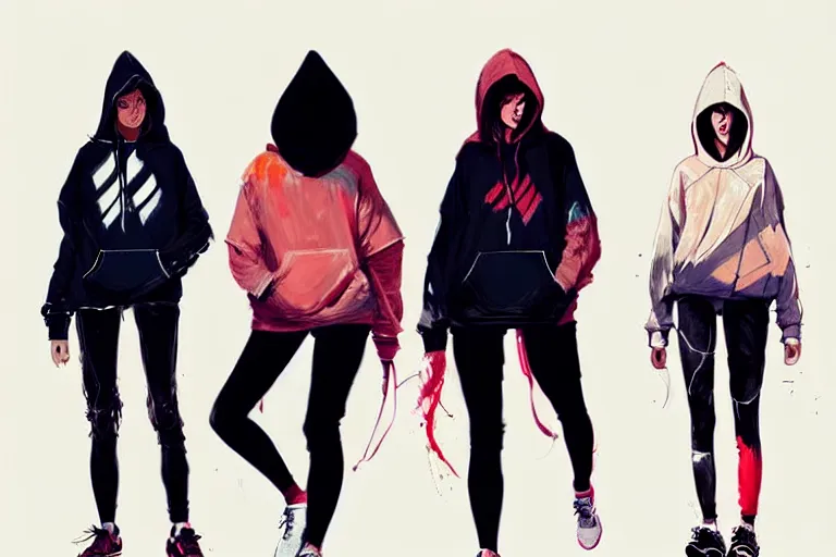 Image similar to a ultradetailed painting of three women in a oversized hoodie and sneakers by conrad roset, greg rutkowski and makoto shinkai trending on artstation