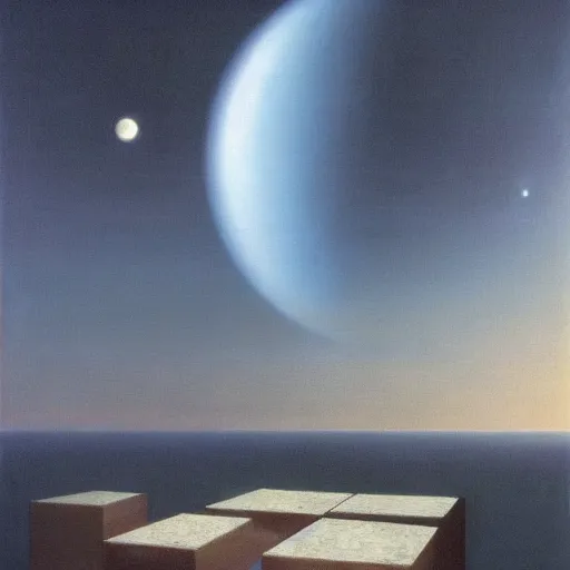 Prompt: David Ligare masterpiece, scifi nightscape, planets, hyperrealistic surrealism, award winning masterpiece with incredible details, epic stunning, infinity pool, a surreal vaporwave liminal space, highly detailed, trending on ArtStation, broken giant marble head statue ruins, calming, meditative, geometric liminal space
