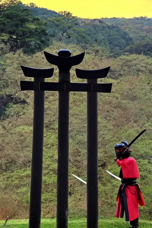 Prompt: a godlike and indomitable helmeted samurai wielding their Odachi before a large Torii gate, the very very very bright rising sun in the background. Photo realistic. Award winning