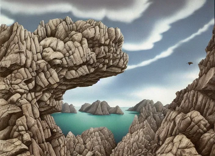 Prompt: rocky cliffs with a cloud lake, painting by mc escher, very detailed, illusion, surreal!!!, trending on artstation, beautiful color art