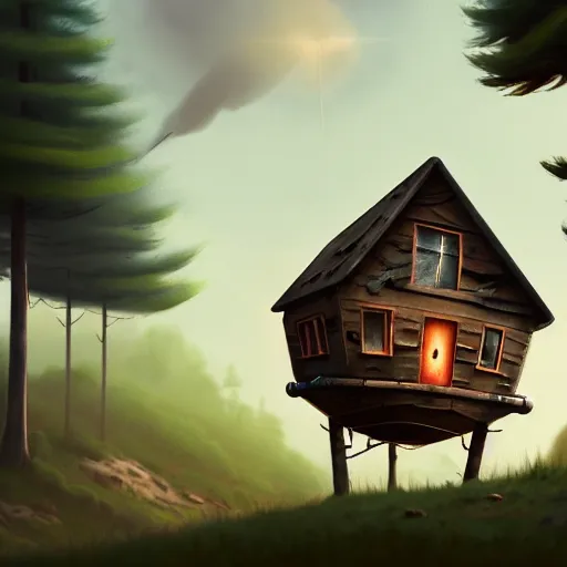 Image similar to a walking wood and metal house with two legs and one big eye, smoky chimney, rust, hyperrealistic, highly detailed, cinematic, single ray of sun, morning, pareidolia, gravity falls style, disney, ghibli, beautiful, pine trees in the background, cgssociety, artstation, 8 k, oil painting, digital art