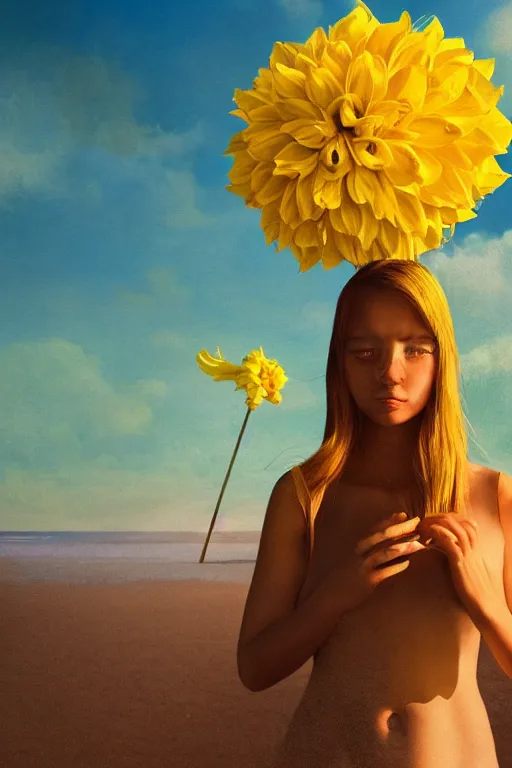 Prompt: closeup girl with huge yellow dahlia flower over face, on beach, surreal photography, blue sky, sunrise, dramatic light, impressionist painting, digital painting, artstation, simon stalenhag