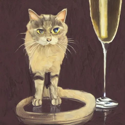 Image similar to a portrait of a cat drinking expensive champagne in a fancy dark bar