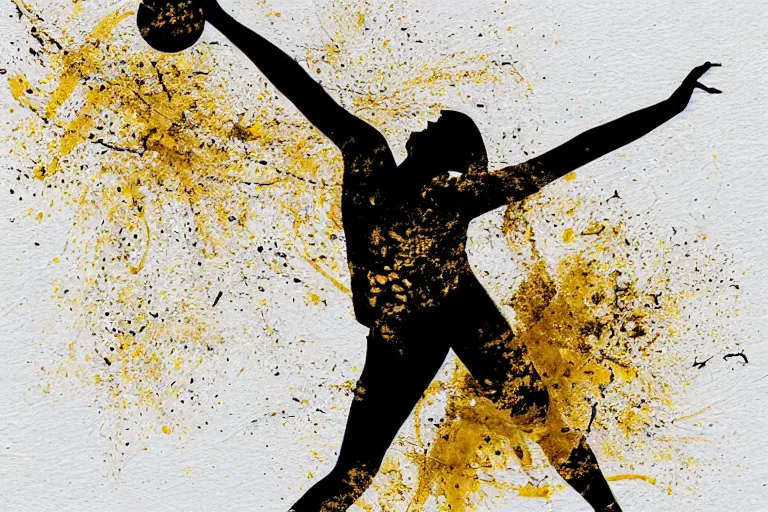 Image similar to beautiful serene volleyball player, healing through motion, life, minimalistic golden and ink airbrush painting on white background, smooth, pristine