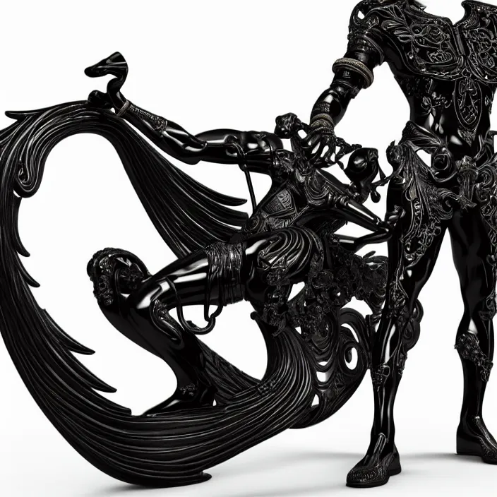 Image similar to fine art statue of masculine black egyptian god on a surrealist motorbike, ebony art deco, carved black marble, inlaid with ebony and gold accents, ebony rococo, wings black lace wear, sculpted by spider zero, zaha hadid, beautifully lit, hyper detailed, intricate, elite, ornate, photorealistic, micro details, 3 d sculpture, ray trace