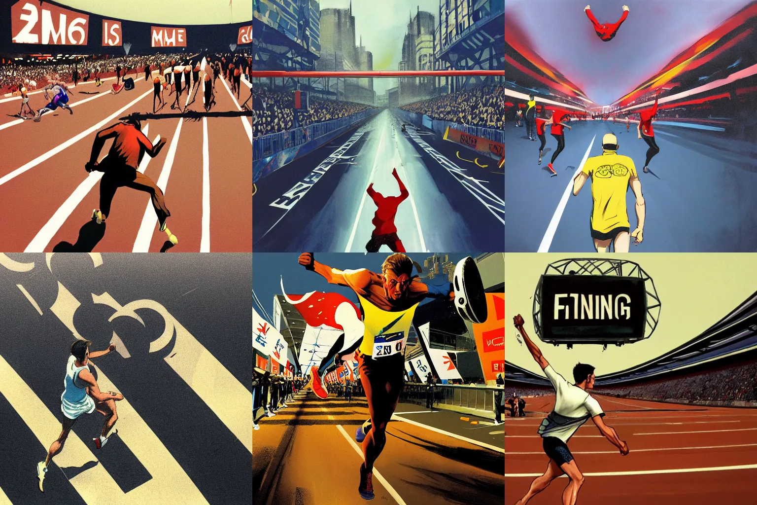 Prompt: incredible screenshot of a marathon olympic runner crossing the finishing line, dynamic camera angle, deep 3 point perspective, fish eye, dynamic scene, by phil hale, ashley wood, geoff darrow, james jean, 8k, hd, high resolution print