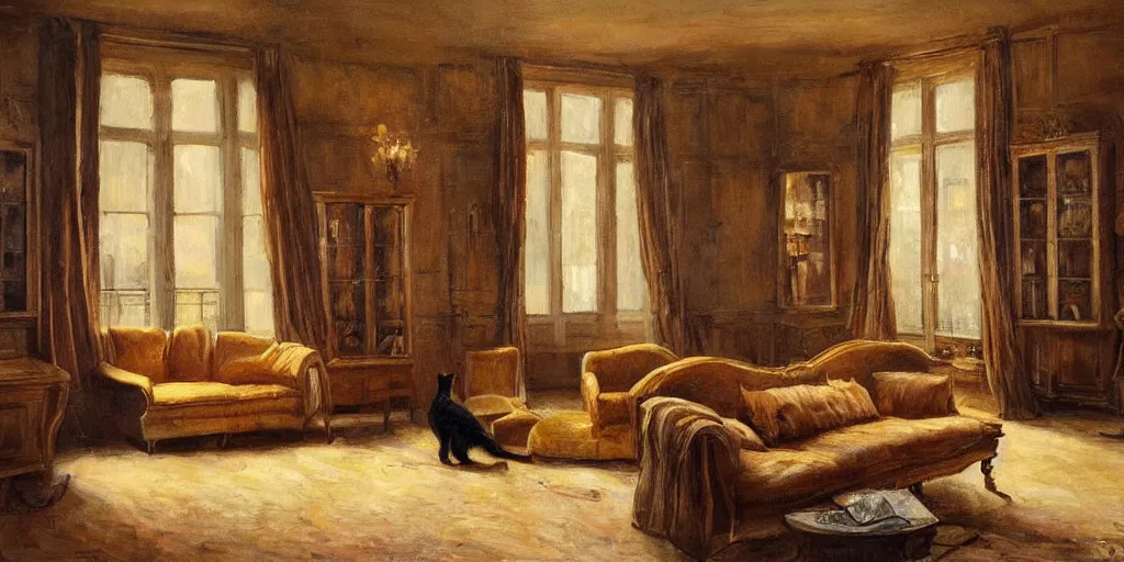 Image similar to brown cat with yellow eyes is sitting at sofa in a draw room at paris in early 2 0 th century. big room, high ceiling, high windows, atmospheric feeling, warm colours, brown colours, yellow colours, epic scene, cinematic, very detailed, hyperrealistic painting style