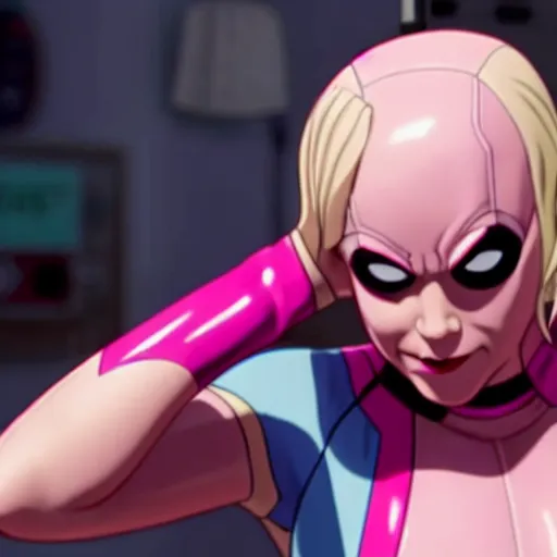 Image similar to A still of Gwenpool in Deadpool 3 (2023), no mask, blonde hair with pink highlights