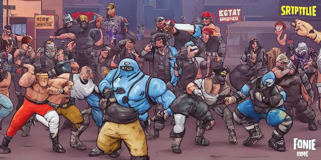 Prompt: Keystone cops fighting professional wrestlers. Fortnite. Epic painting by James Gurney and Laurie Greasley.