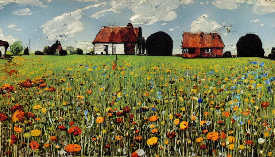 Image similar to a painting of a field with flowers and a cottage by Ralph Steadman, Francis Bacon