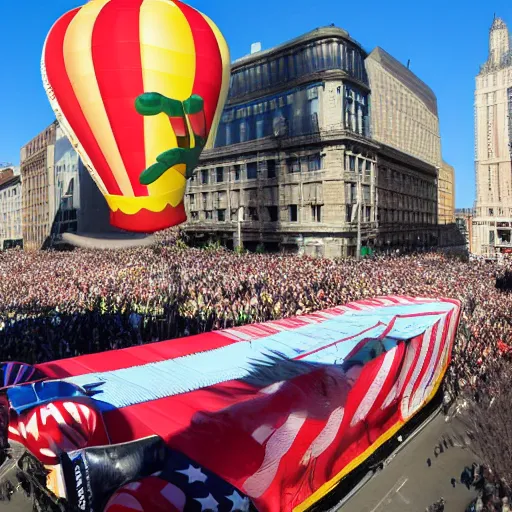 Prompt: macys parade balloon of a middle aged man!! in a suit with wave blonde hair, press photo, hyper realism