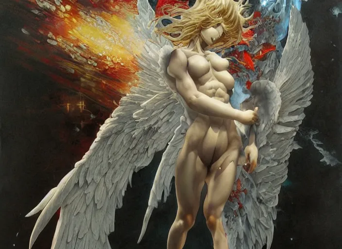 Prompt: monumental angel by yoshitaka amano, katsuhiro otomo, and erik jones, inspired by akira anime, smooth texture, intricate oil painting, high detail illustration, sharp high detail, manga and anime 1 9 9 9