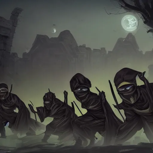 Image similar to a group of mysterious ninjas at the base of a crumbling wall, moonlight, concept art, ultra high definition, matte