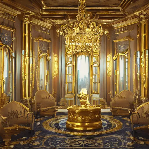 Image similar to a palace in a golden fantasy sci fi luxurious city with cerulean oceansides, scandinavian / norse influenced, cinematic, ray traced, octane render, cinematic lighting, ultrarealistic, featured on artstation, 8 k uhd artwork