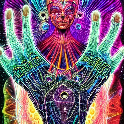 Prompt: transparent full body cyborg dmt entity with microbial eyes as body geometric pattern in the hand giving a merkabah to sitting meditating third eye activated human soulful colors alex grey sci fi cyberpunk steampunk hyperrealistic