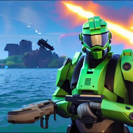 Image similar to Master Chief drowning in a lake, while Robocop watches from the shore, a screenshot from Fortnite